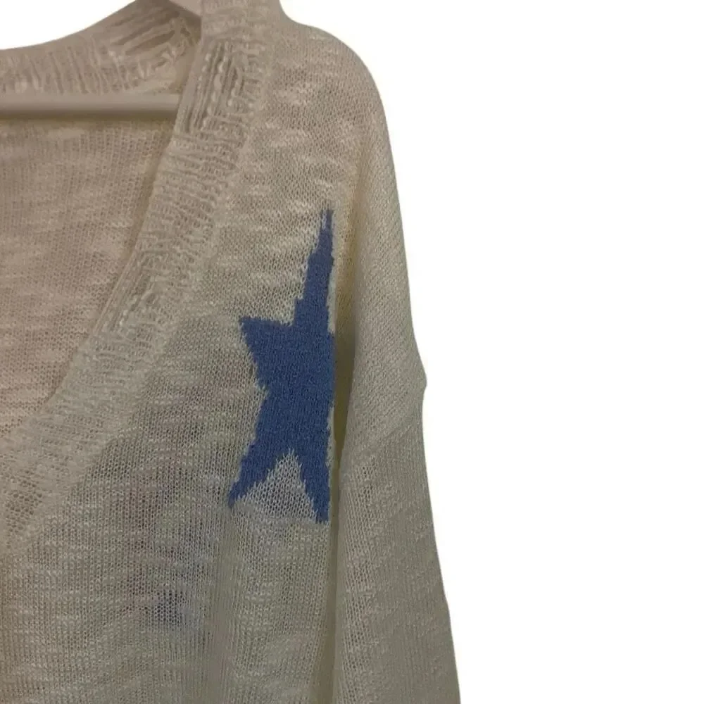 Adora large, long, sleeved, distressed star, cream, blue sweater, V-neck, long s